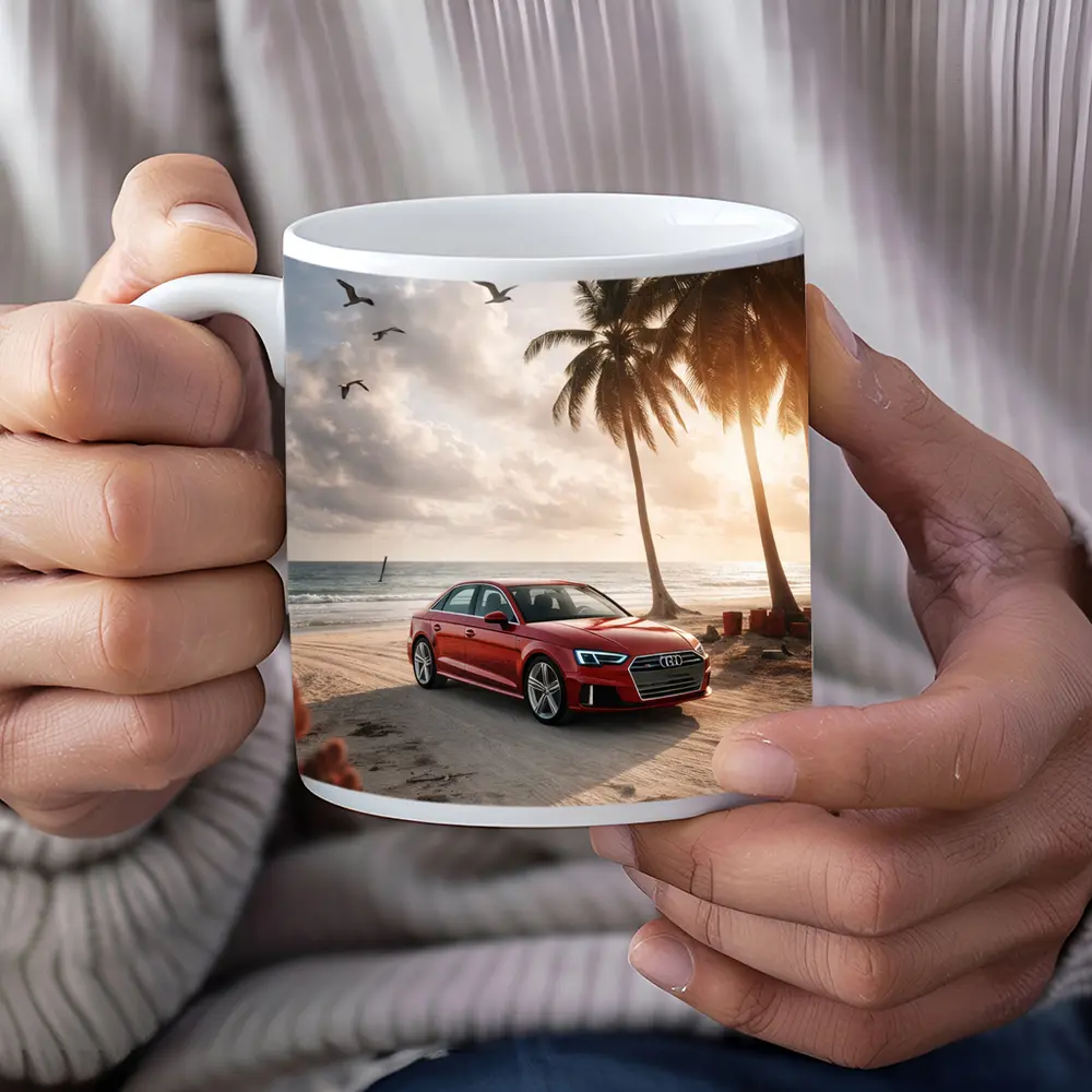 Audi A3 Parked on Tropical Beach Shore – Mugs