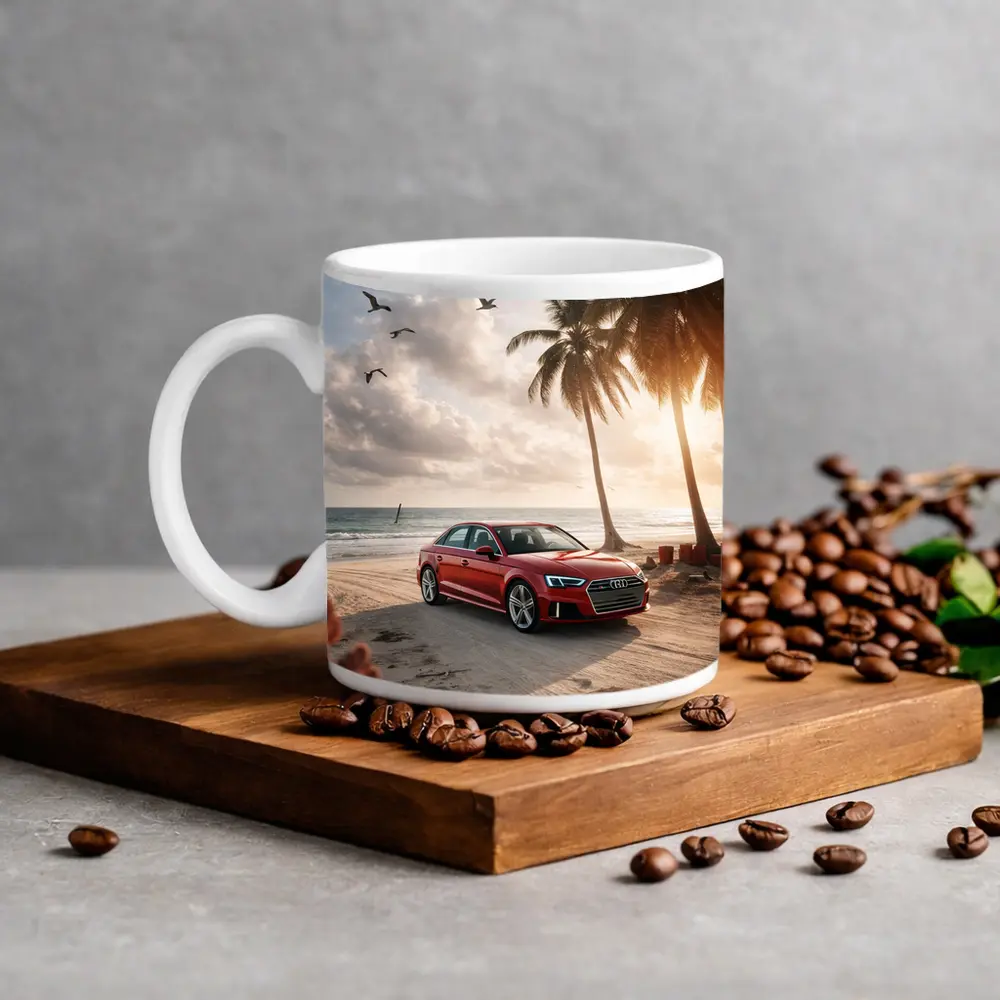 Audi A3 Parked on Tropical Beach Shore – Mugs