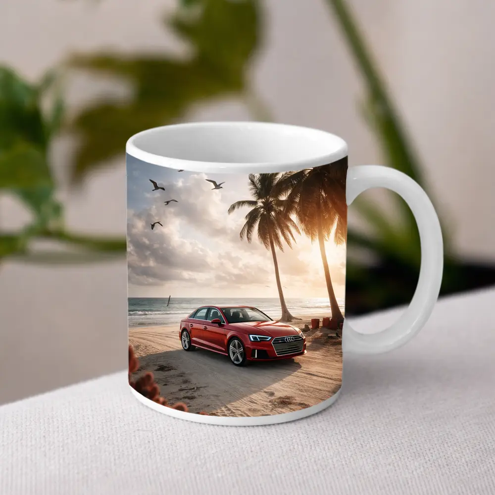 Audi A3 Parked on Tropical Beach Shore – Mugs