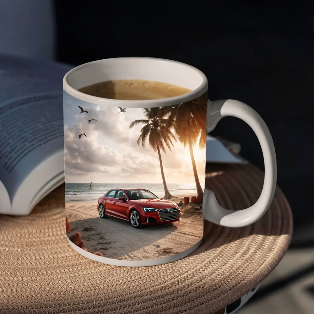 Audi A3 Parked on Tropical Beach Shore – Mugs