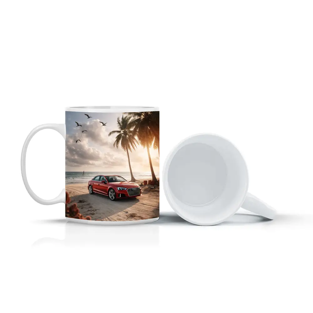 Audi A3 Parked on Tropical Beach Shore – Mugs