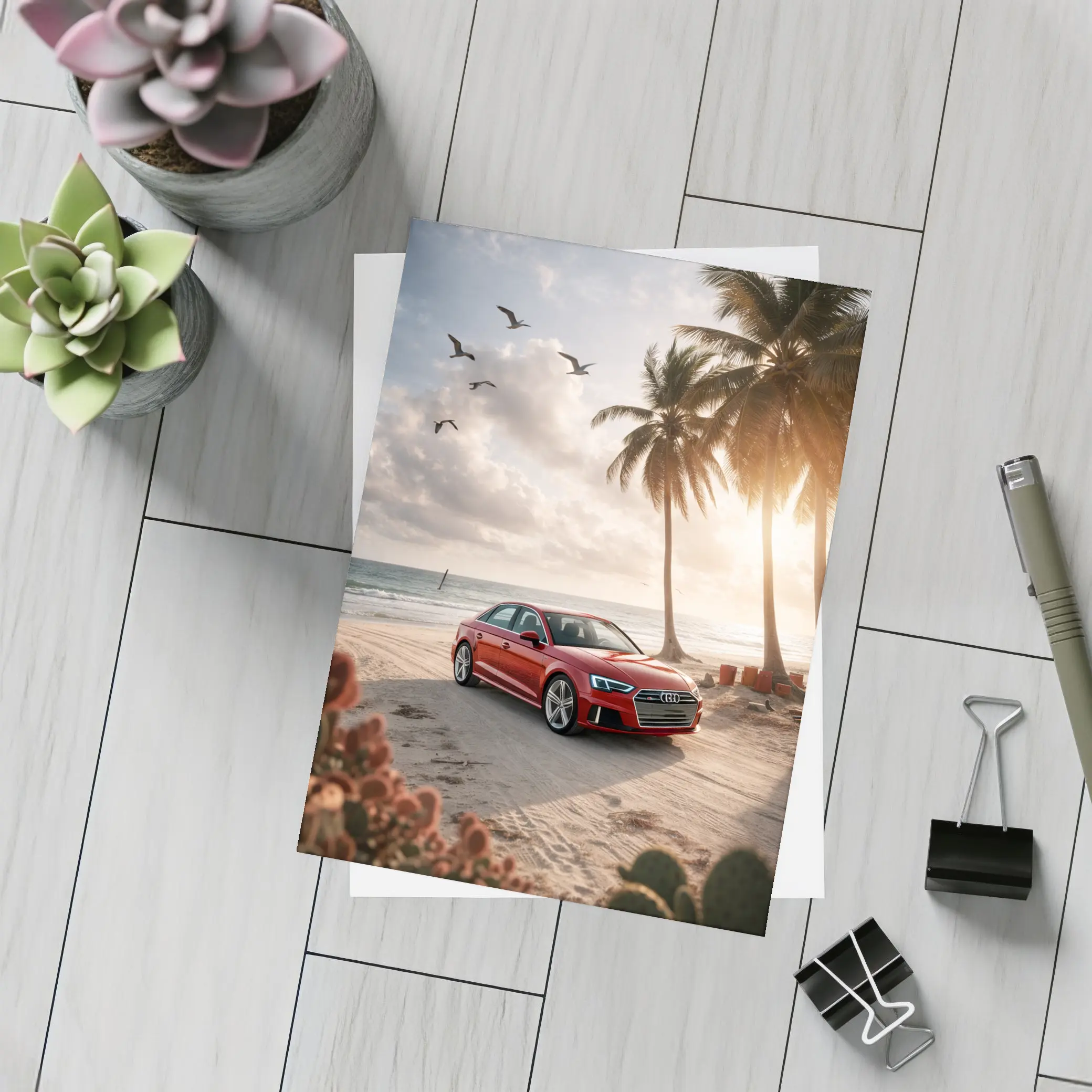 Audi A3 Parked on Tropical Beach Shore – Postcards