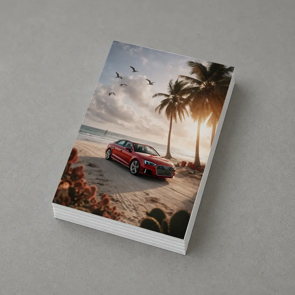 Audi A3 Parked on Tropical Beach Shore – Postcards