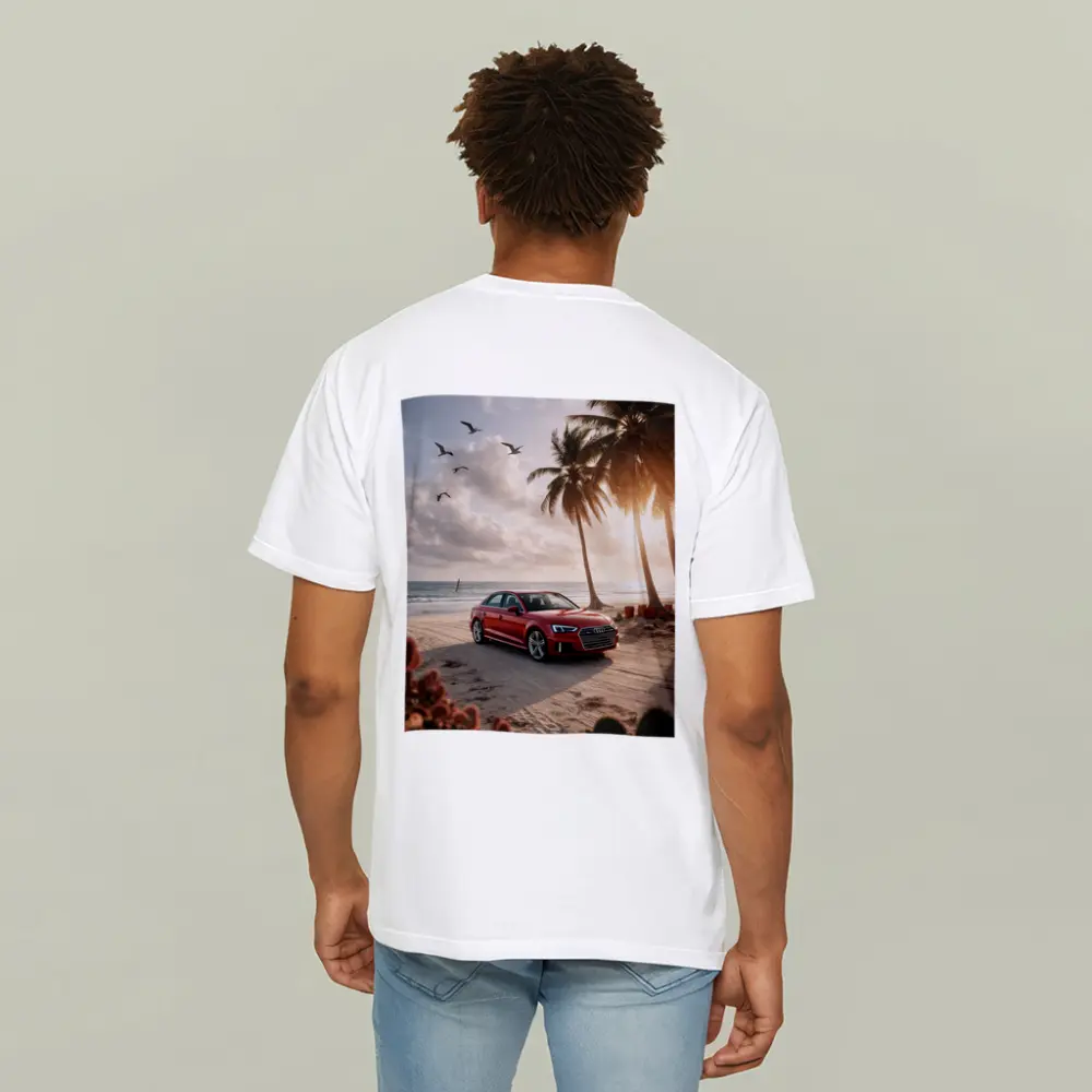 Audi A3 Parked on Tropical Beach Shore – T-Shirts