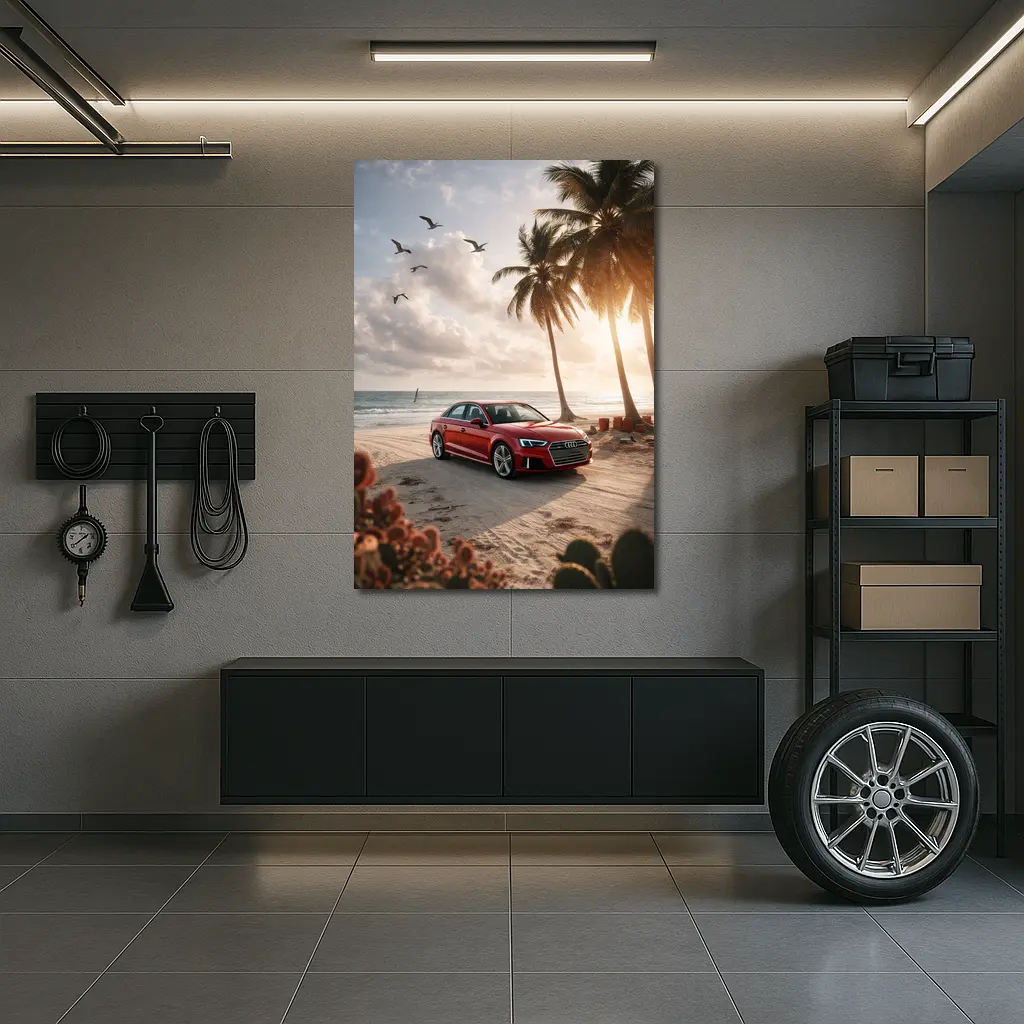 Audi A3 Parked on Tropical Beach Shore – Wall Art