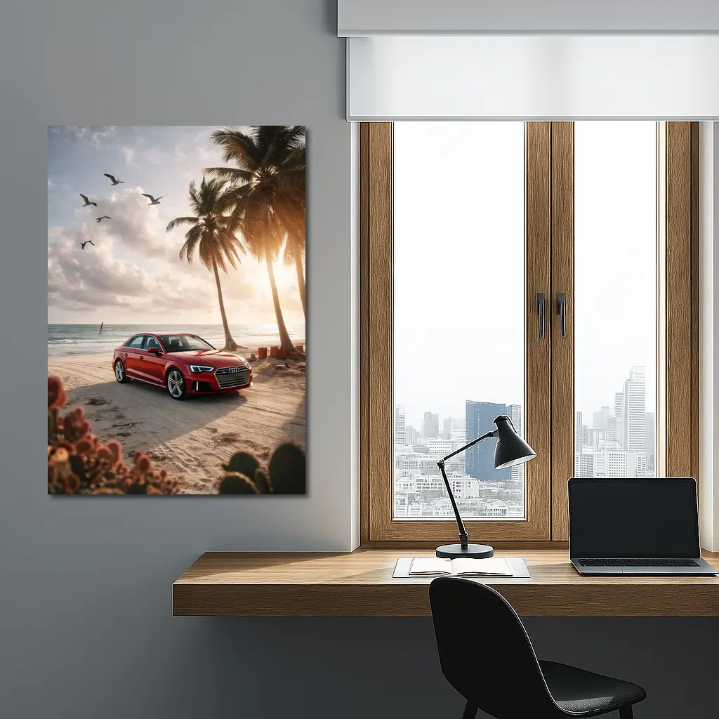 Audi A3 Parked on Tropical Beach Shore – Wall Art