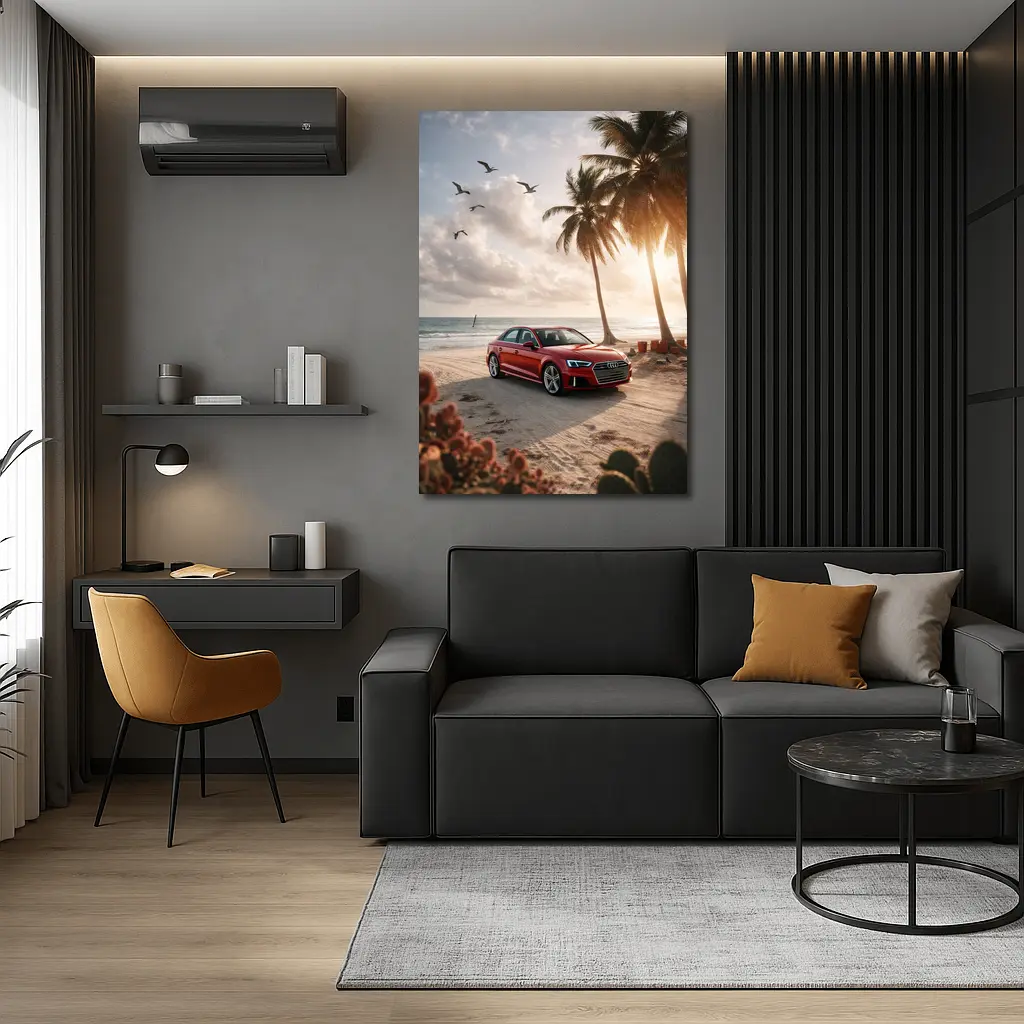Audi A3 Parked on Tropical Beach Shore – Wall Art