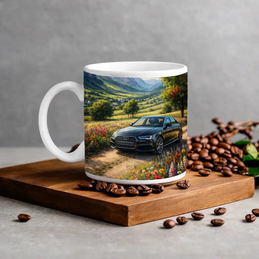 Audi A4 Parked Among Wildflowers Mountain Valley – Mugs