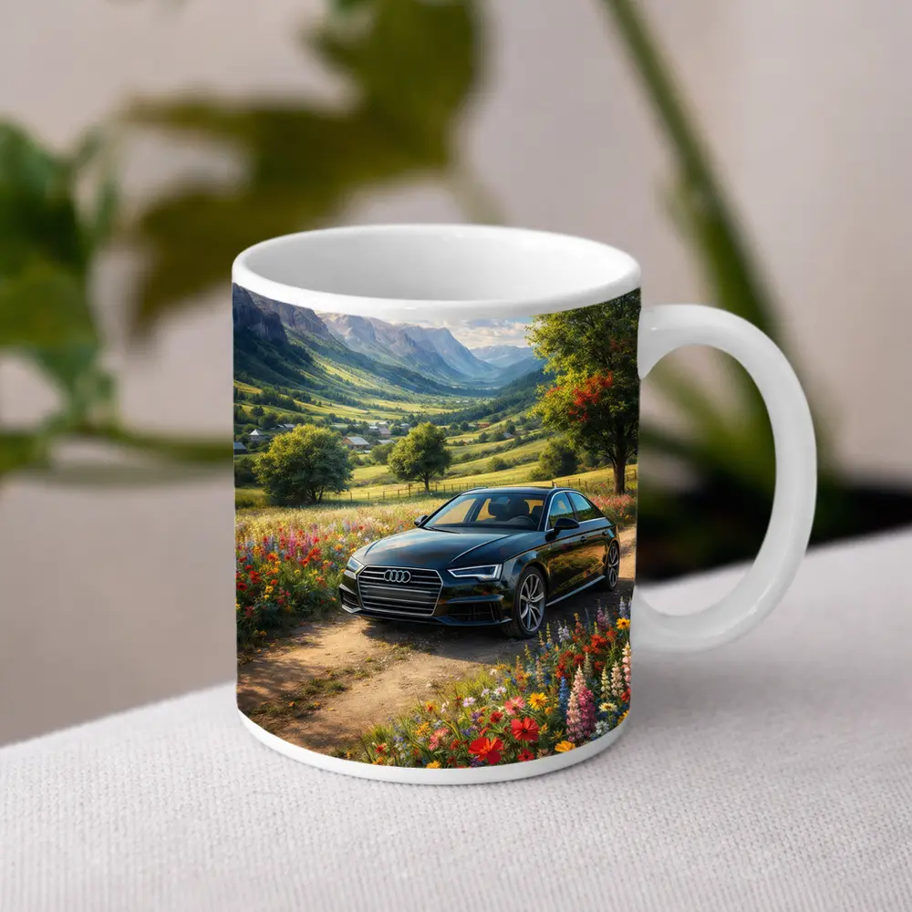 Audi A4 Parked Among Wildflowers Mountain Valley – Mugs