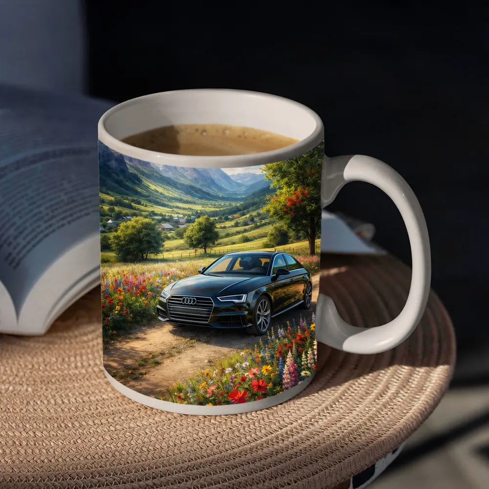 Audi A4 Parked Among Wildflowers Mountain Valley – Mugs