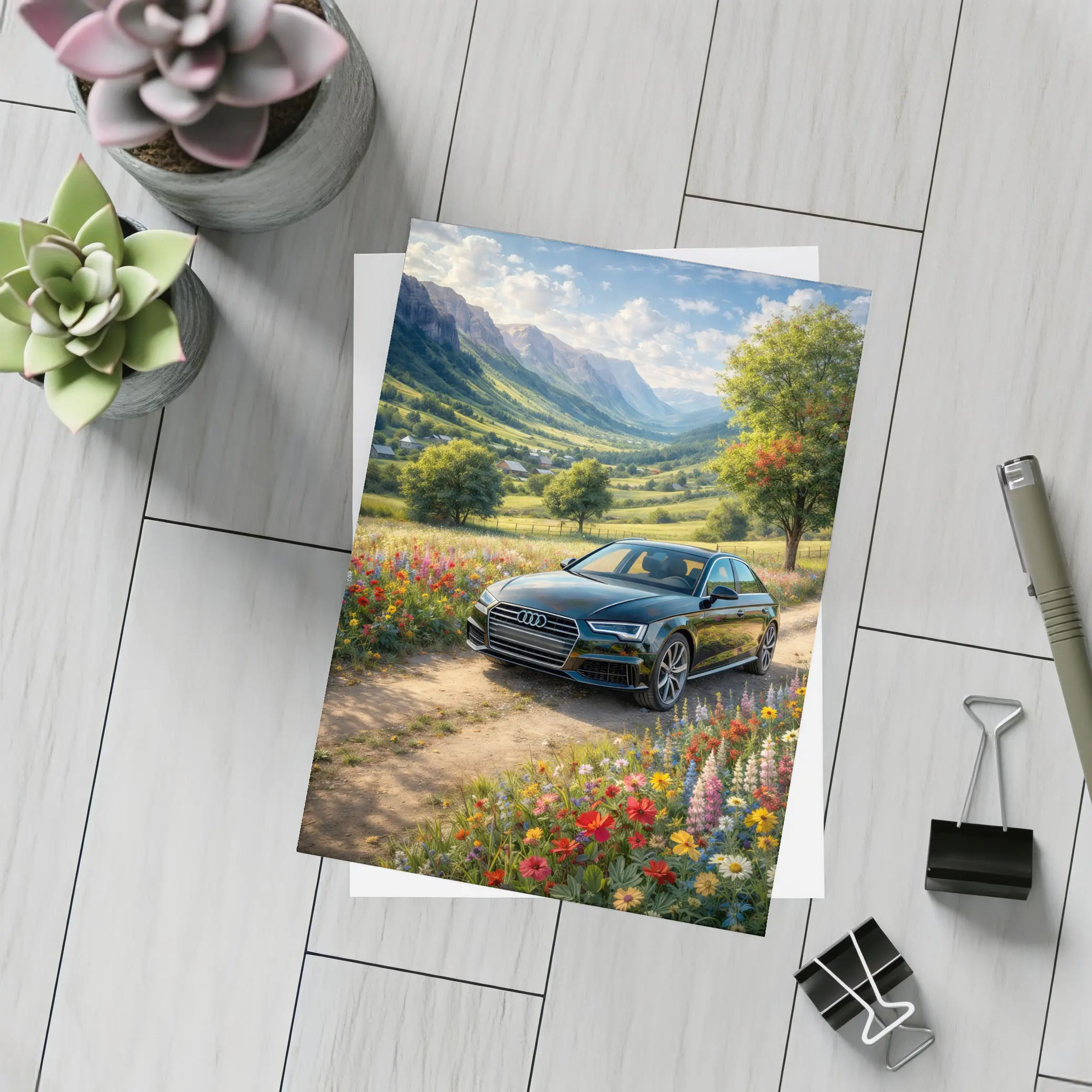 Audi A4 Parked Among Wildflowers Mountain Valley – Postcards