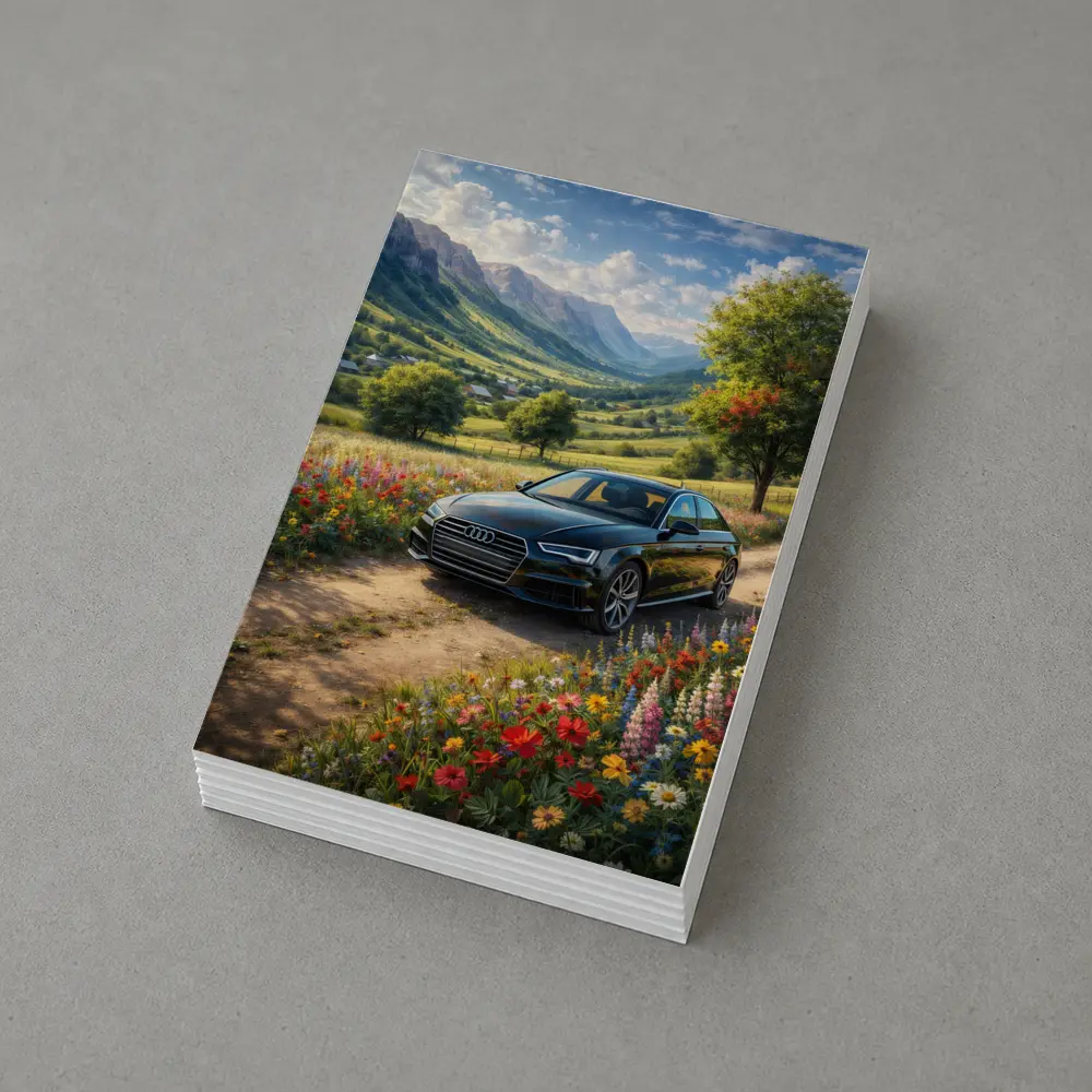 Audi A4 Parked Among Wildflowers Mountain Valley – Postcards