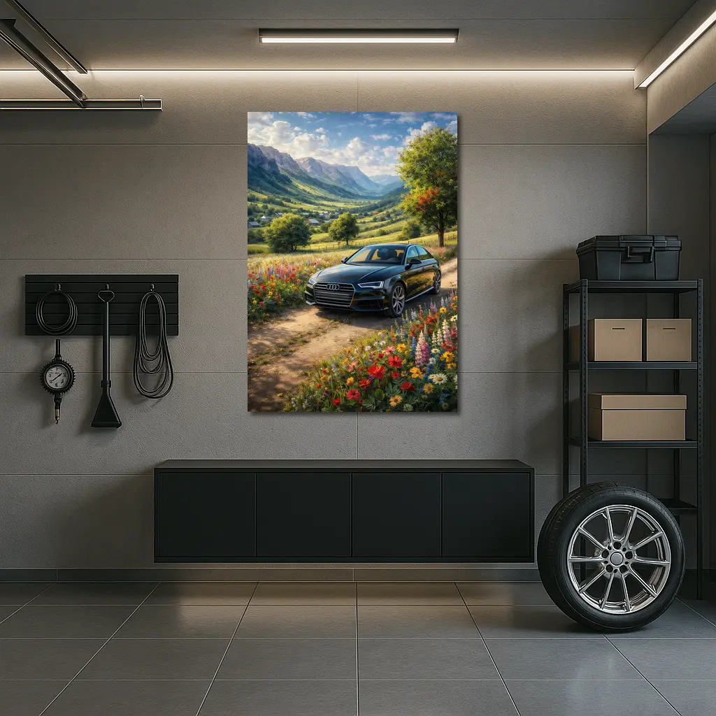 Audi A4 Parked Among Wildflowers Mountain Valley – Wall Art