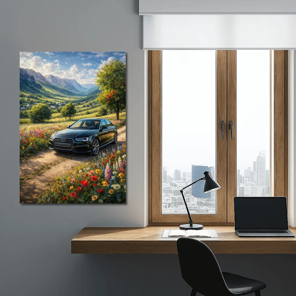 Audi A4 Parked Among Wildflowers Mountain Valley – Wall Art