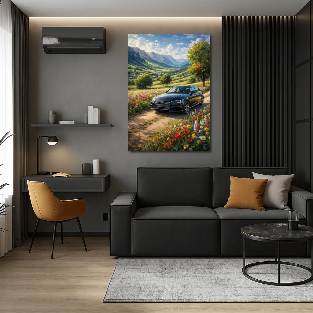 Audi A4 Parked Among Wildflowers Mountain Valley – Wall Art