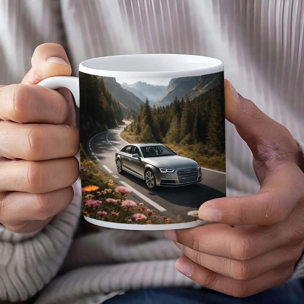 Audi A4 Sedan on Mountain Forest Road – Mugs