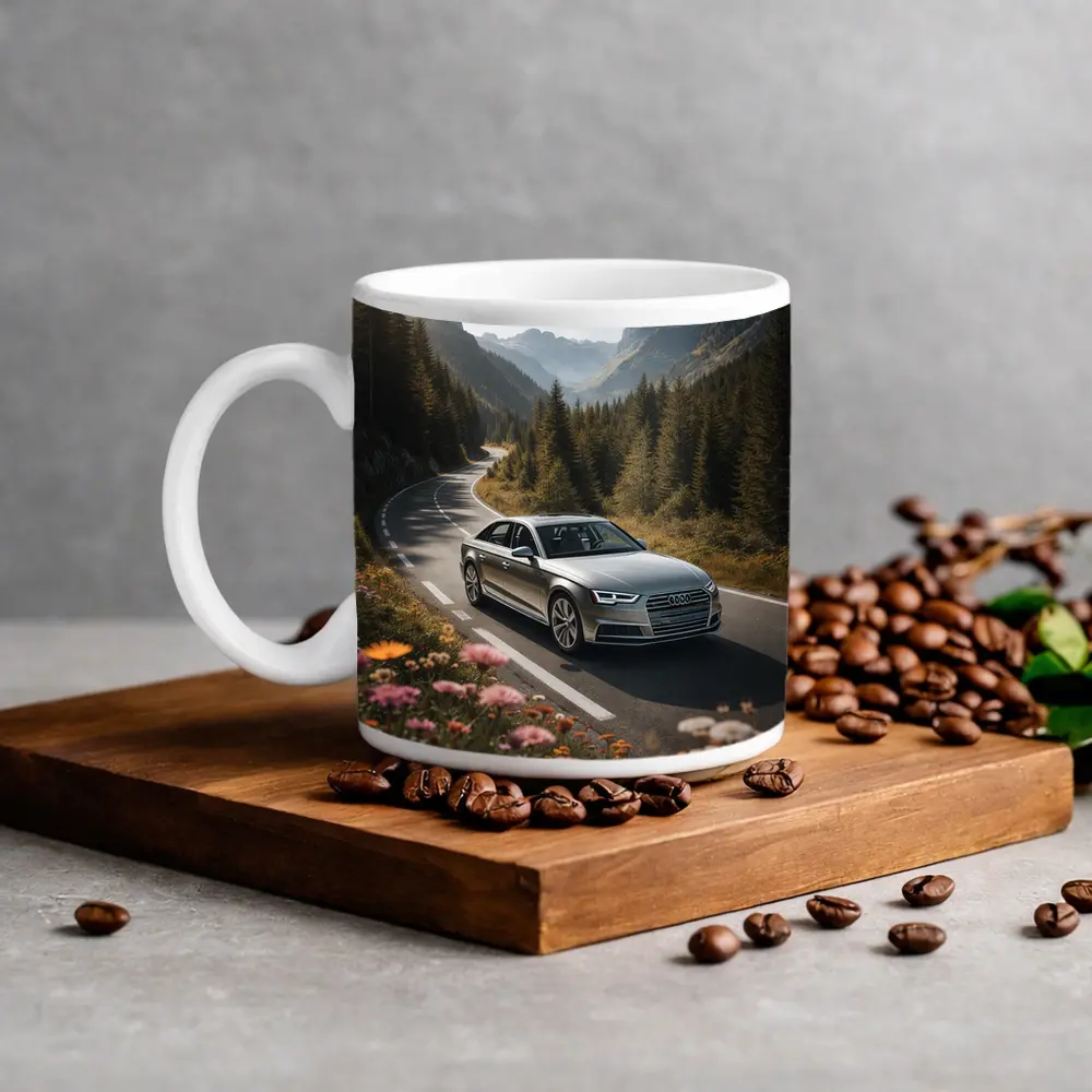 Audi A4 Sedan on Mountain Forest Road – Mugs