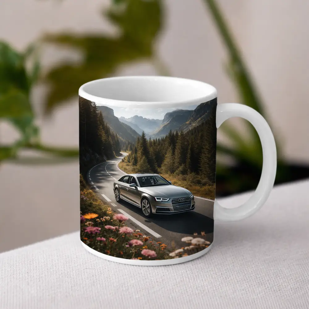 Audi A4 Sedan on Mountain Forest Road – Mugs