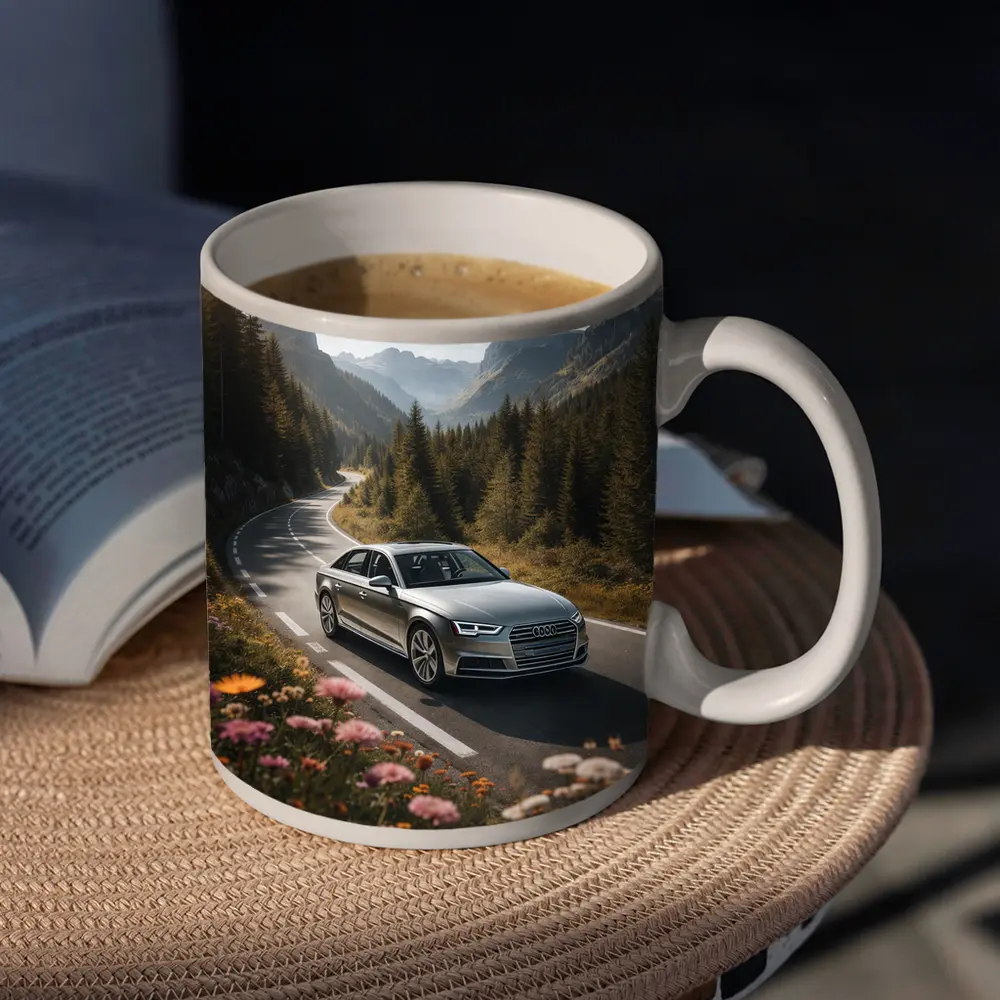 Audi A4 Sedan on Mountain Forest Road – Mugs