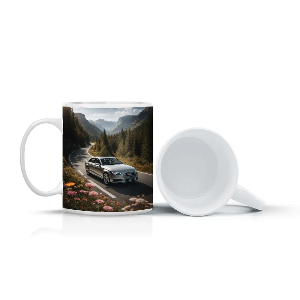 Audi A4 Sedan on Mountain Forest Road – Mugs