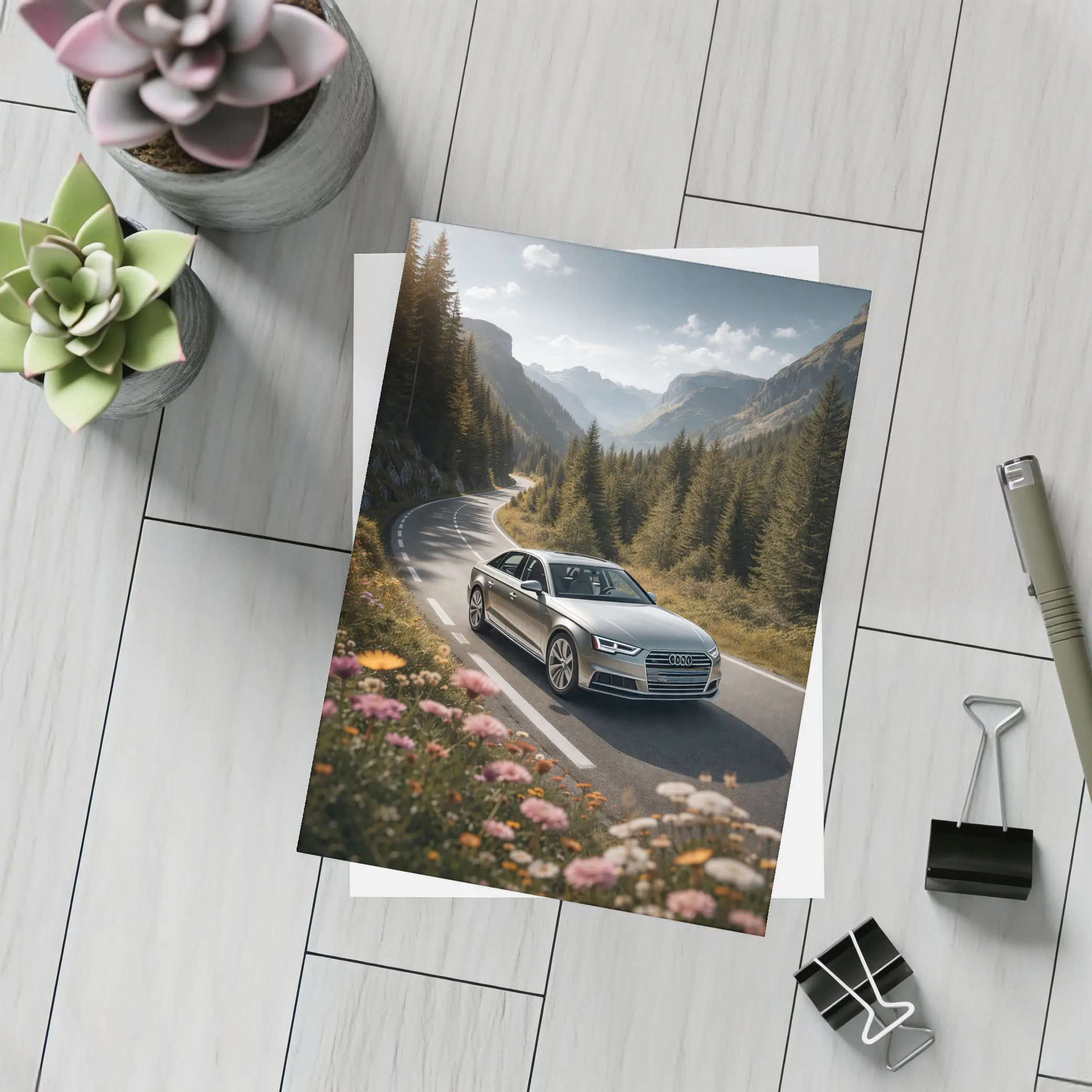 Audi A4 Sedan on Mountain Forest Road – Postcards
