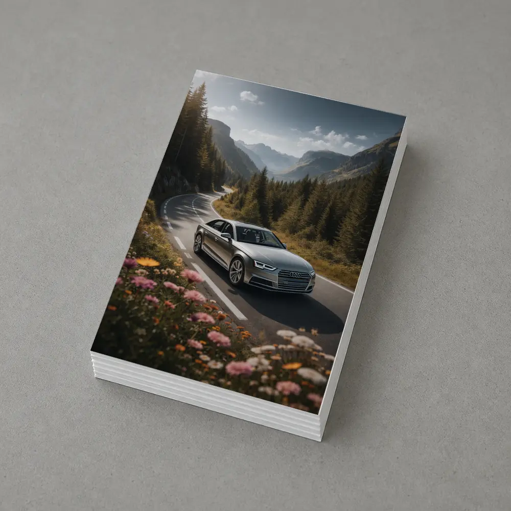 Audi A4 Sedan on Mountain Forest Road – Postcards