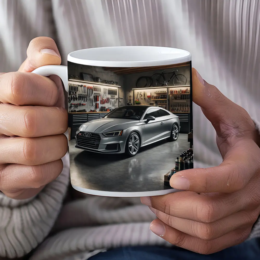 Audi A5 Silver Coupe Parked In Garage – Mugs