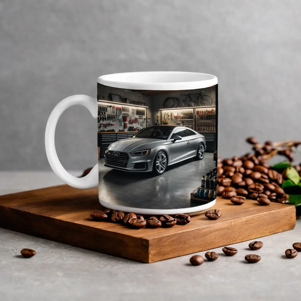 Audi A5 Silver Coupe Parked In Garage – Mugs