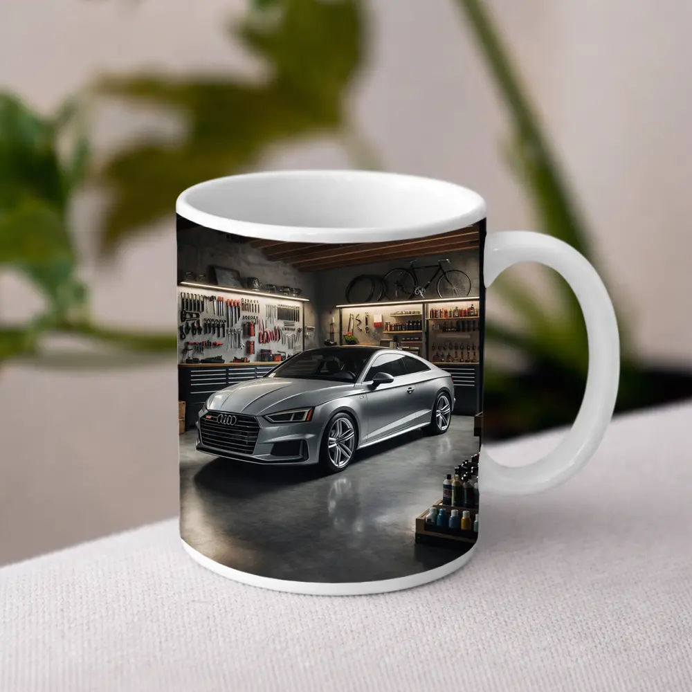 Audi A5 Silver Coupe Parked In Garage – Mugs