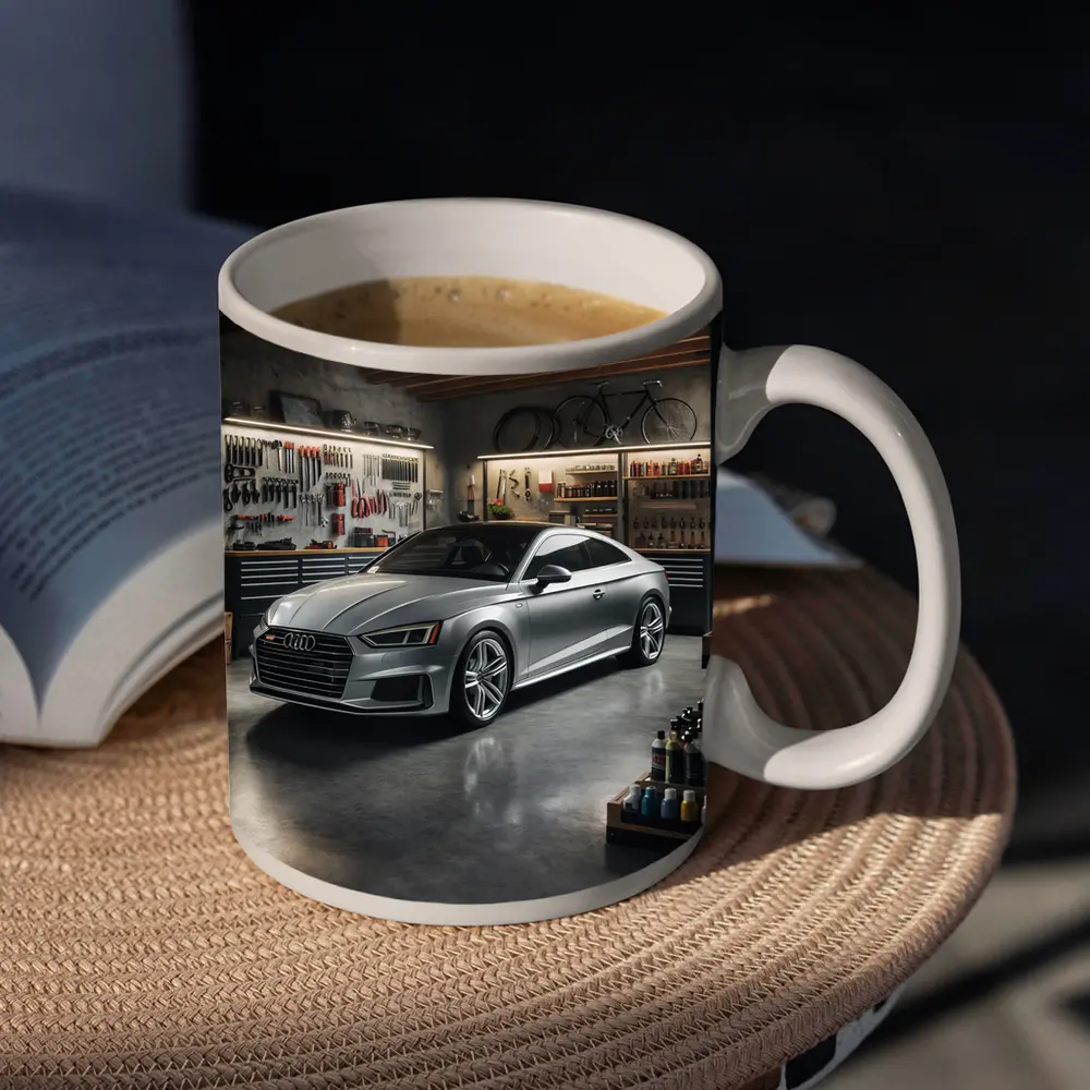 Audi A5 Silver Coupe Parked In Garage – Mugs