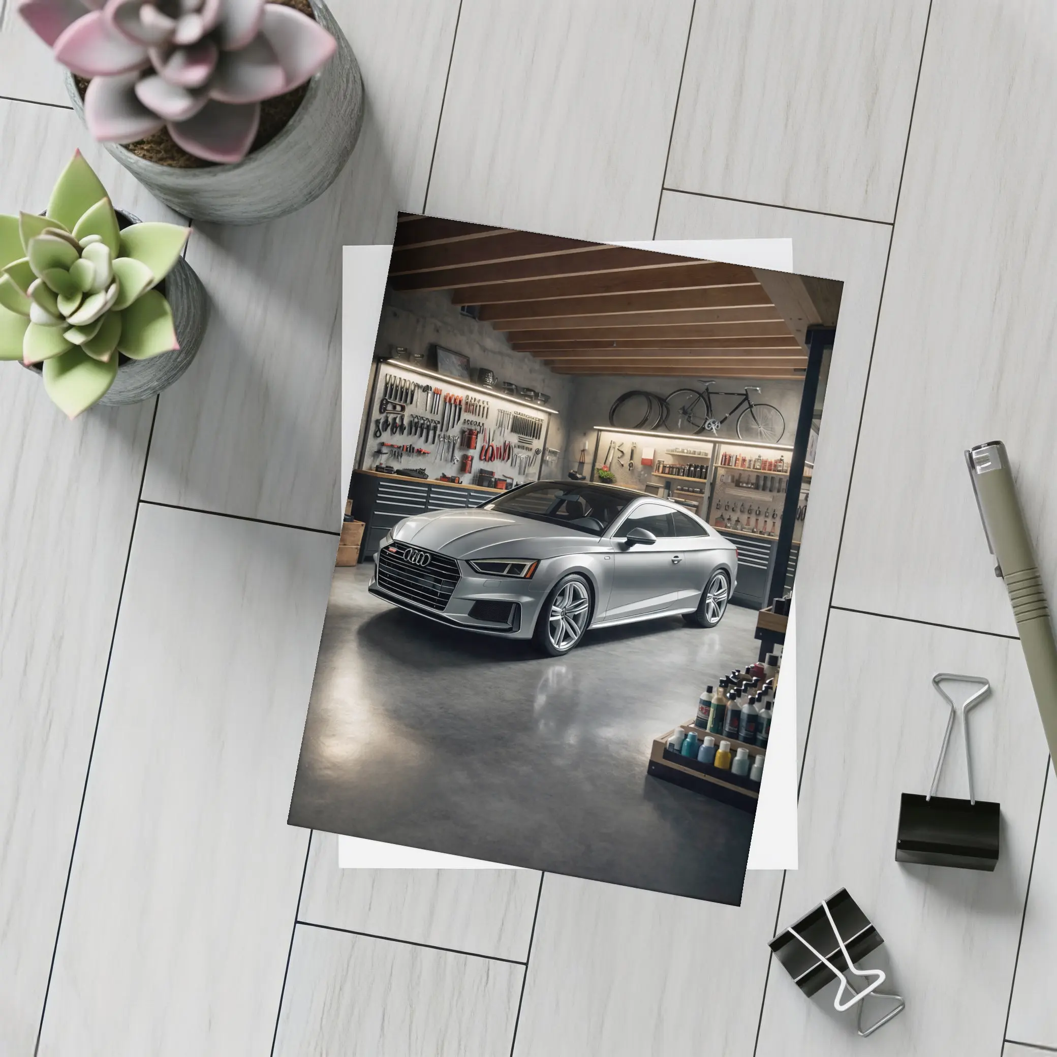 Audi A5 Silver Coupe Parked In Garage – Postcards