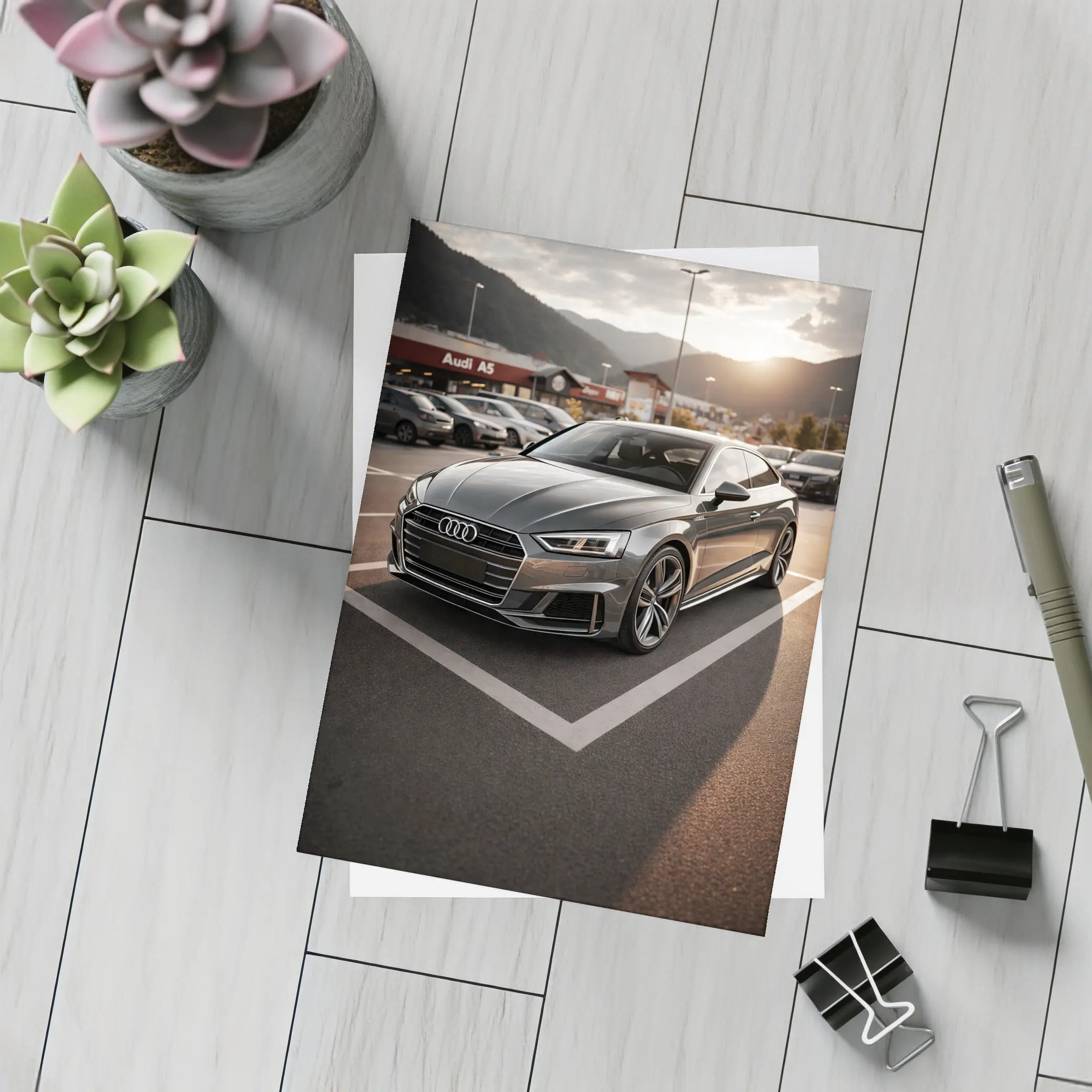 Audi A5 Parked at Sunset Mountains – Postcards