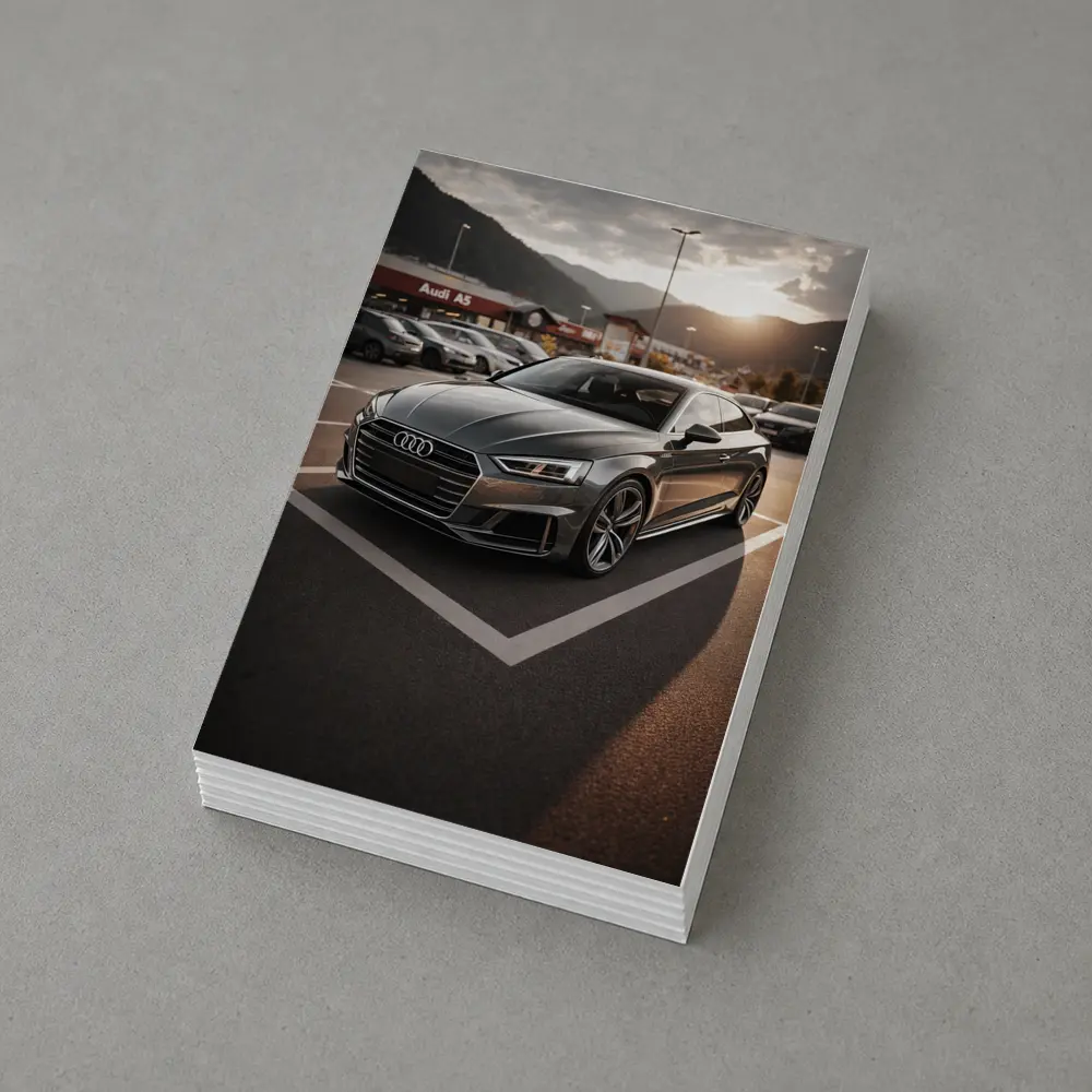 Audi A5 Parked at Sunset Mountains – Postcards