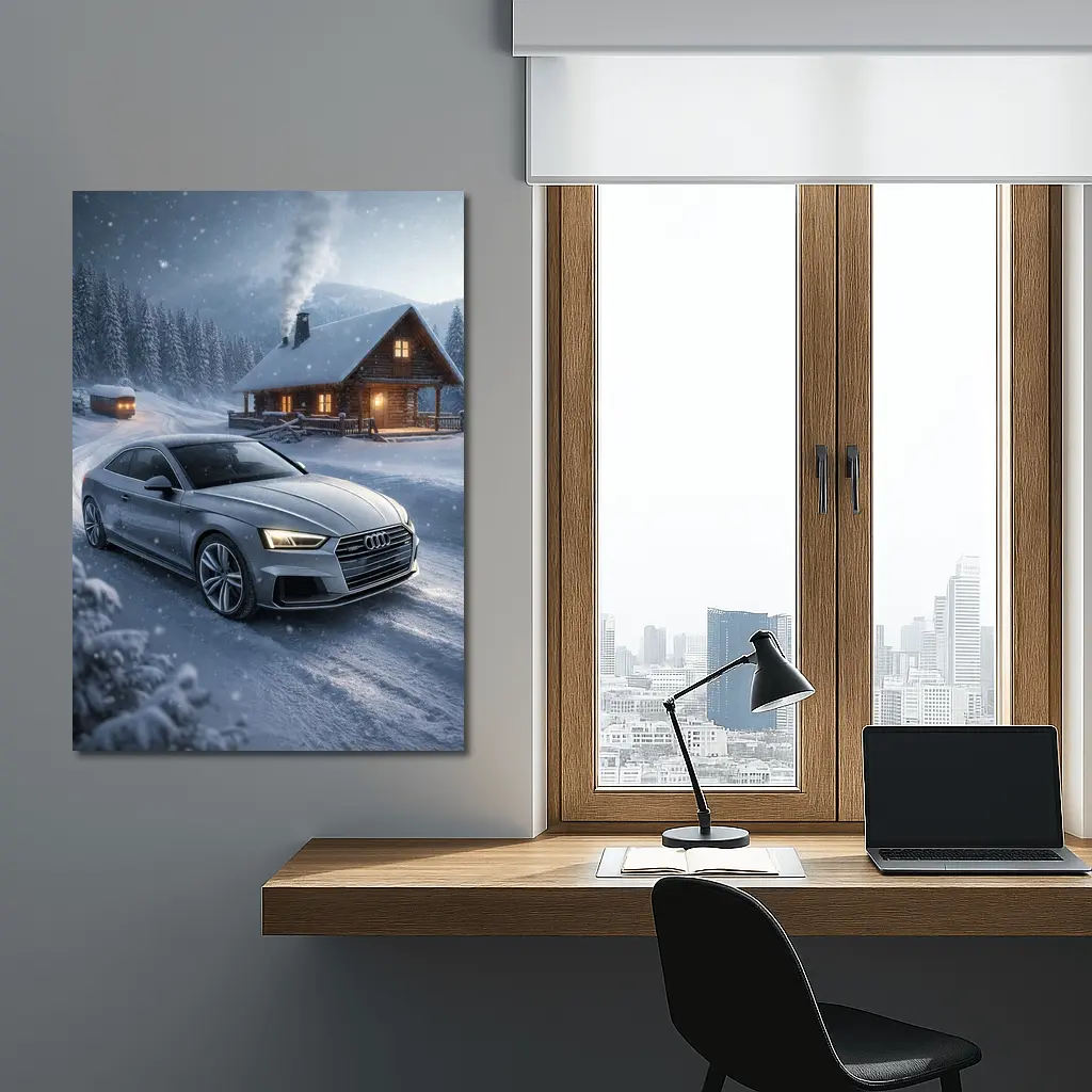 Audi A5 Coupe Snowy Winter Cabin Night – Wall Art