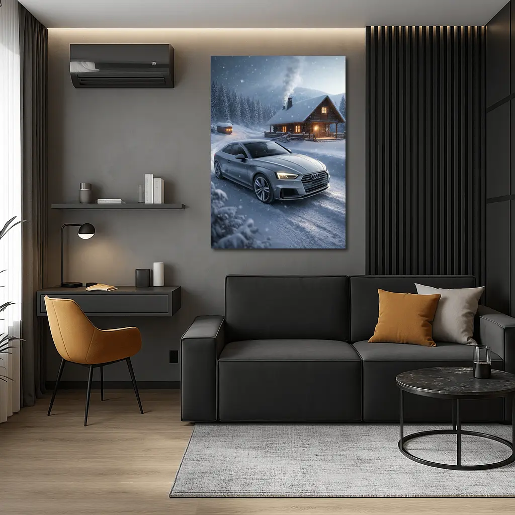 Audi A5 Coupe Snowy Winter Cabin Night – Wall Art