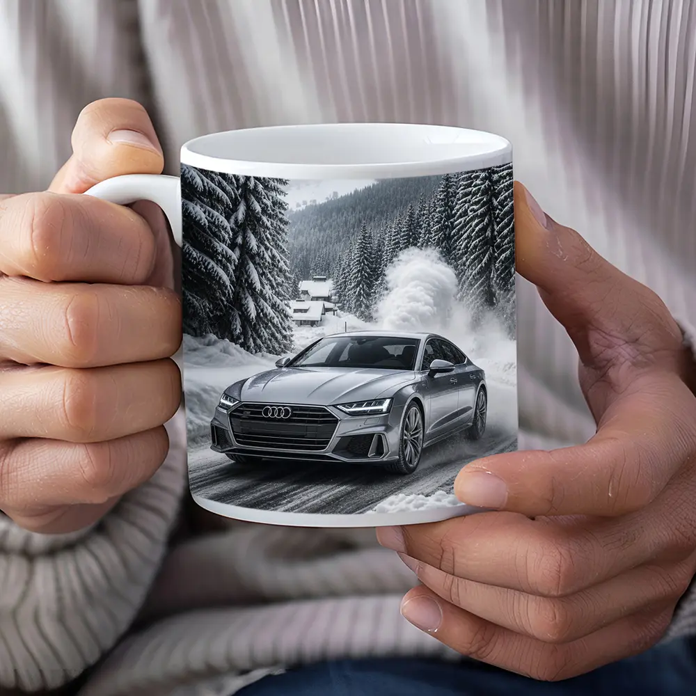 Audi A7 Driving Through Snowy Winter Road – Mugs