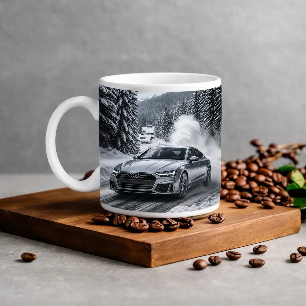 Audi A7 Driving Through Snowy Winter Road – Mugs