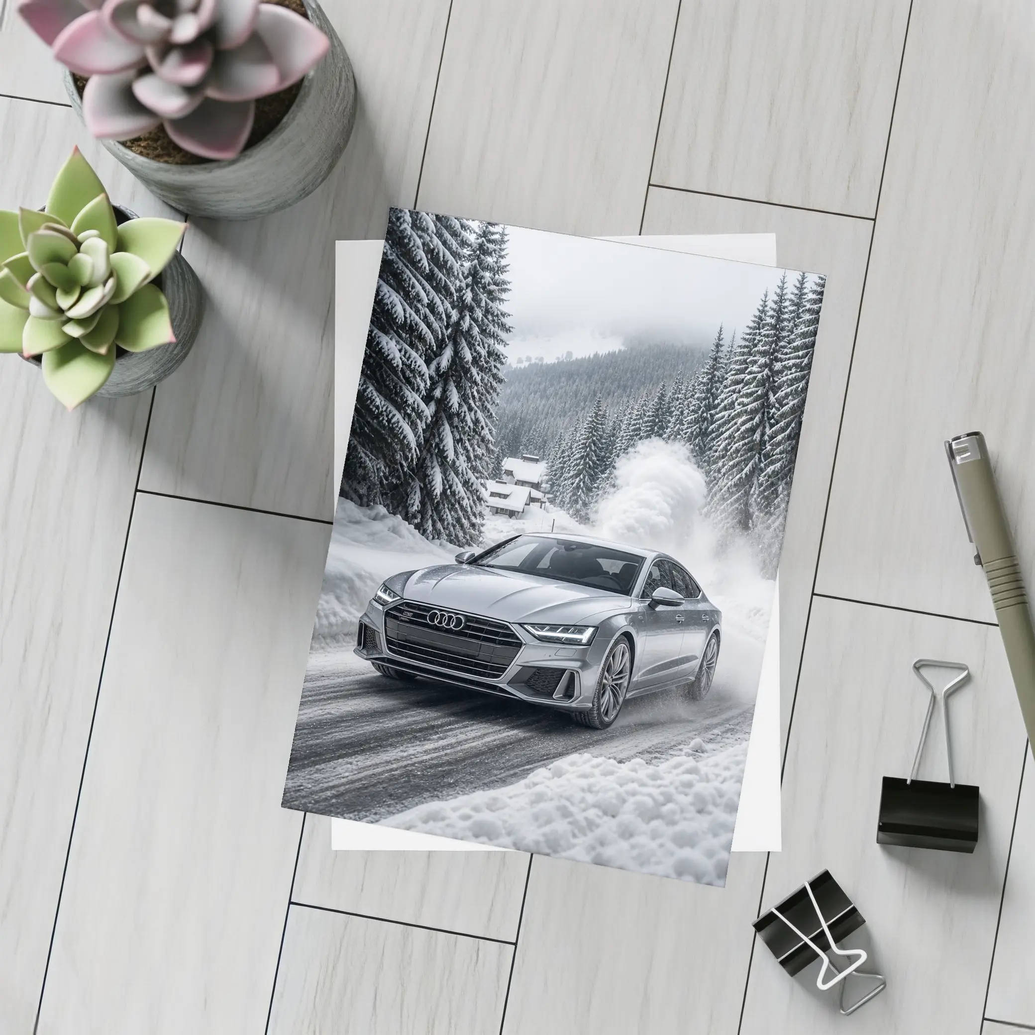 Audi A7 Driving Through Snowy Winter Road – Postcards