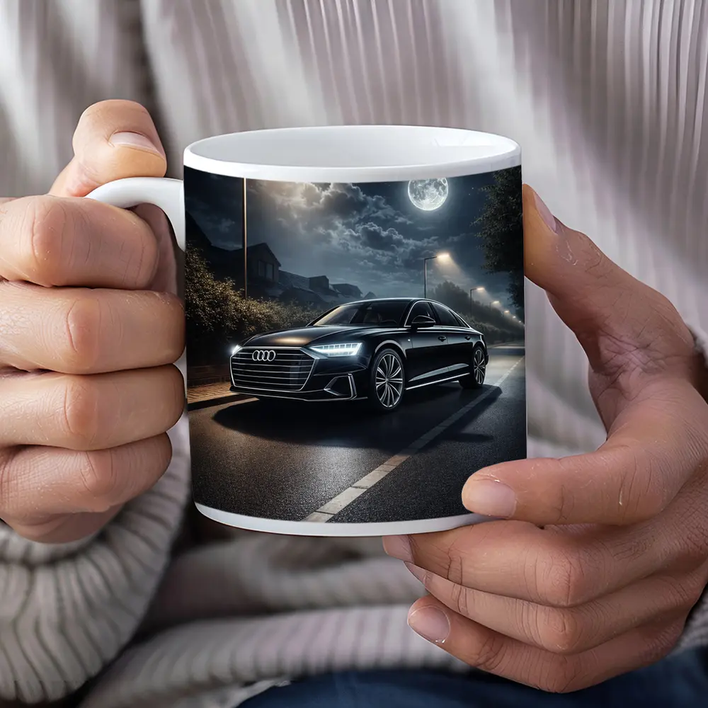Audi A8 Parked on Moonlit Night Street – Mugs