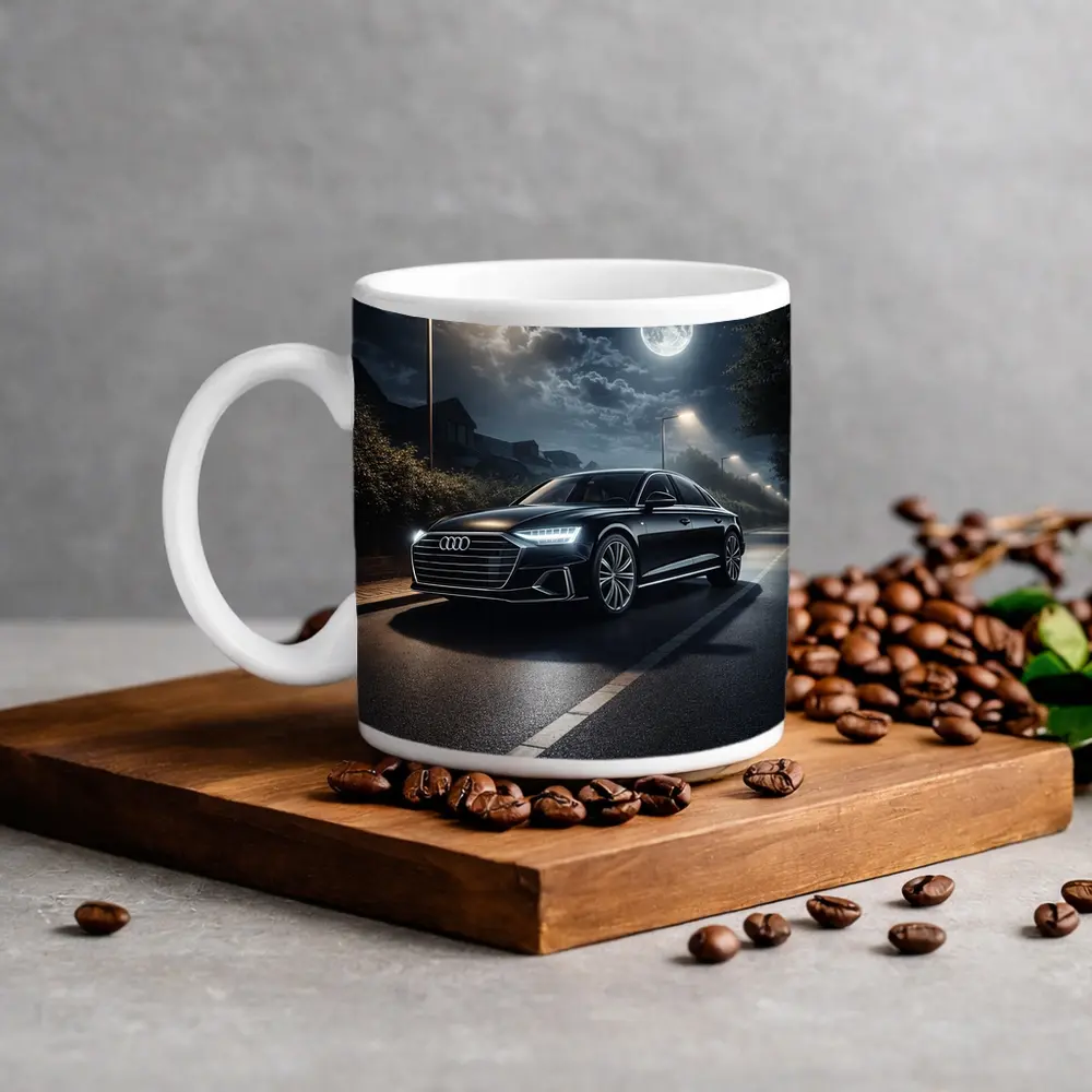 Audi A8 Parked on Moonlit Night Street – Mugs