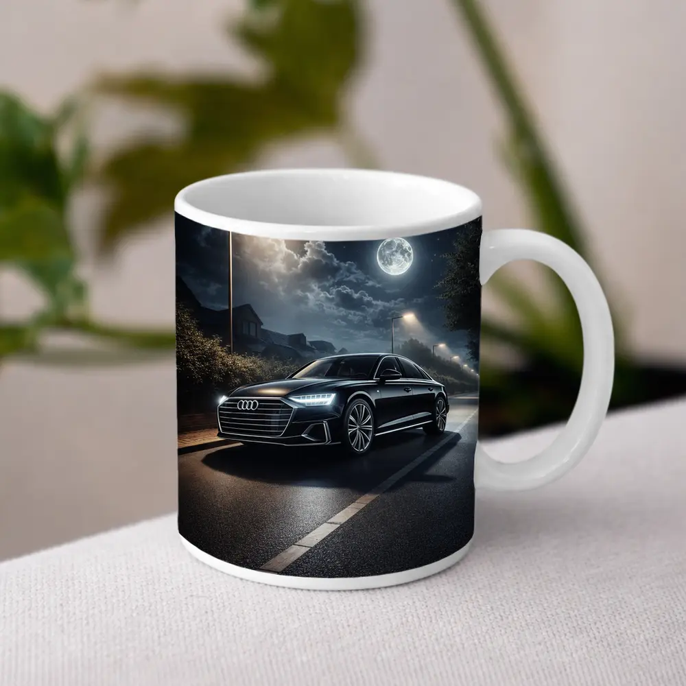 Audi A8 Parked on Moonlit Night Street – Mugs