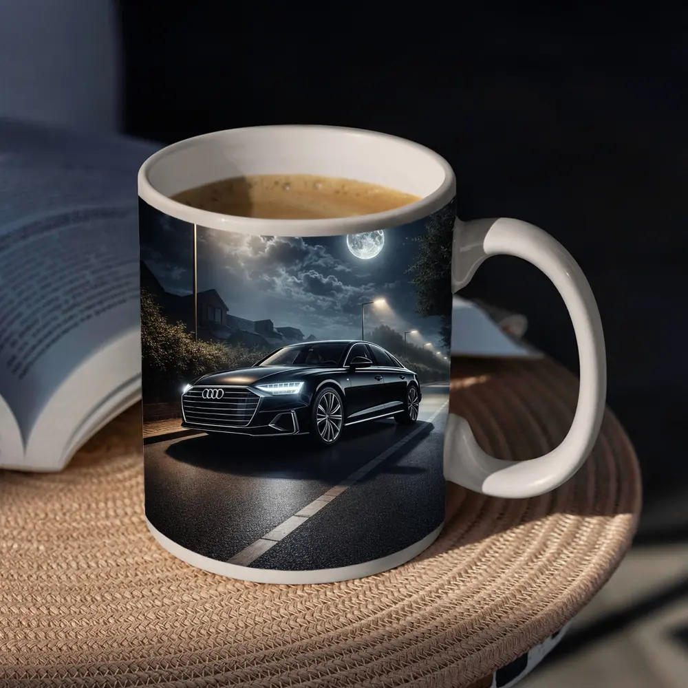 Audi A8 Parked on Moonlit Night Street – Mugs