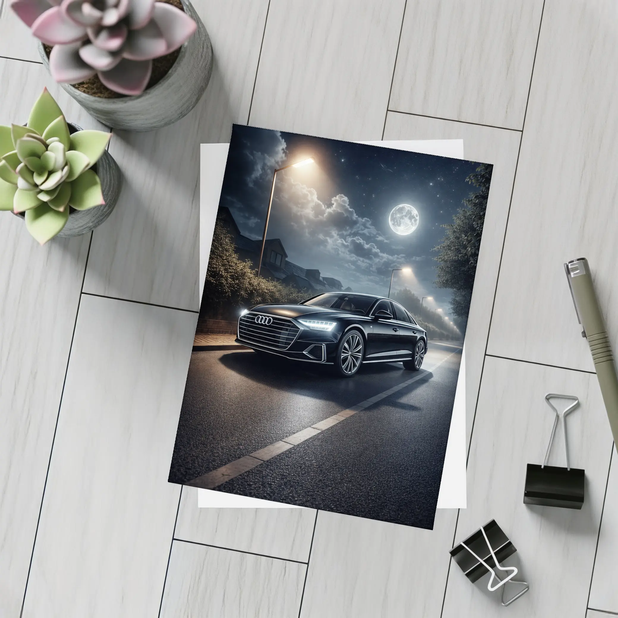 Audi A8 Parked on Moonlit Night Street – Postcards
