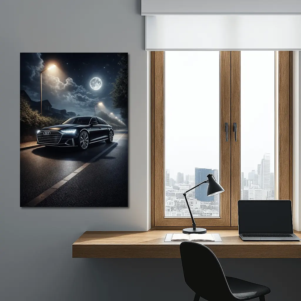 Audi A8 Parked on Moonlit Night Street – Wall Art
