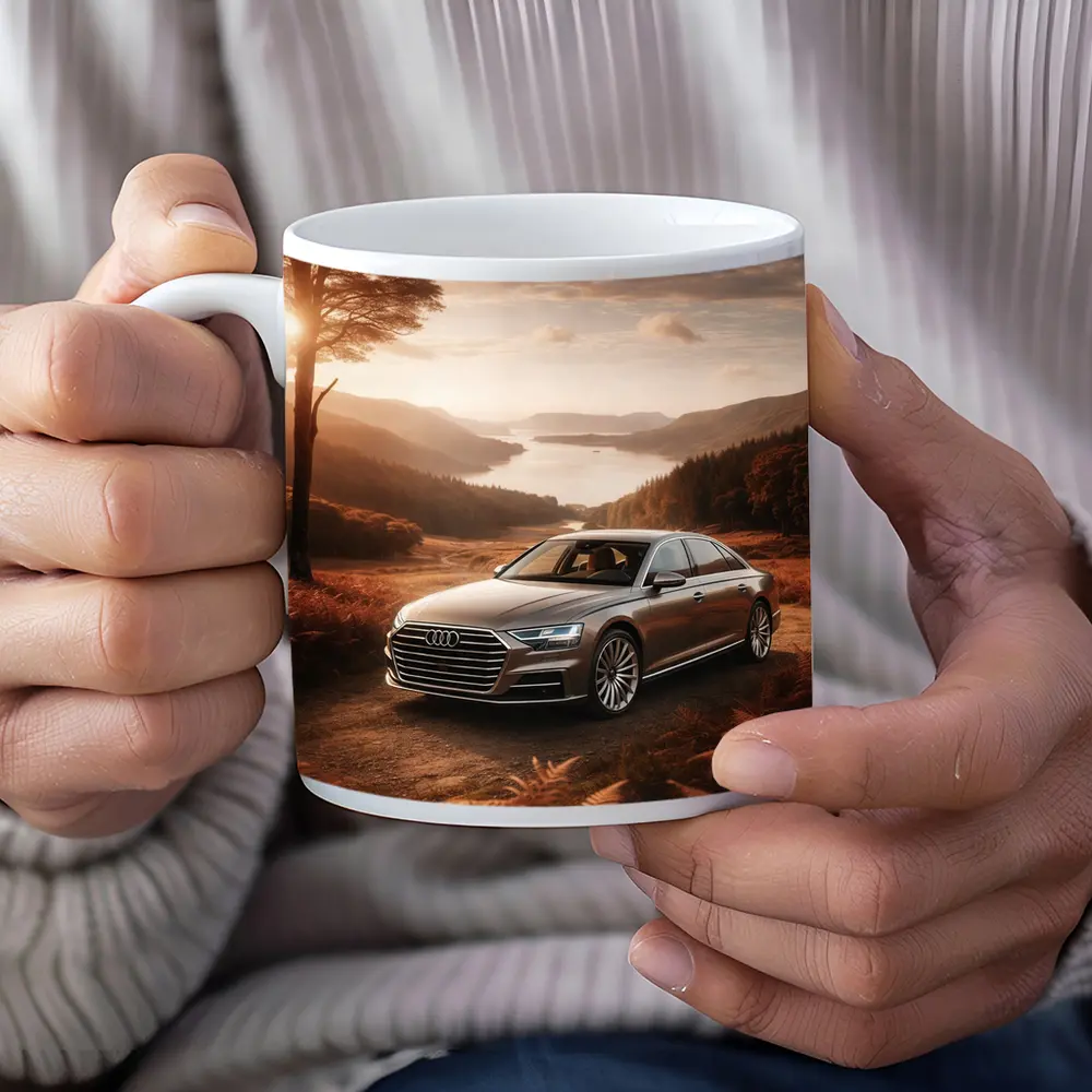 Audi A8 Parked Beside Autumn Forest Lake – Mugs