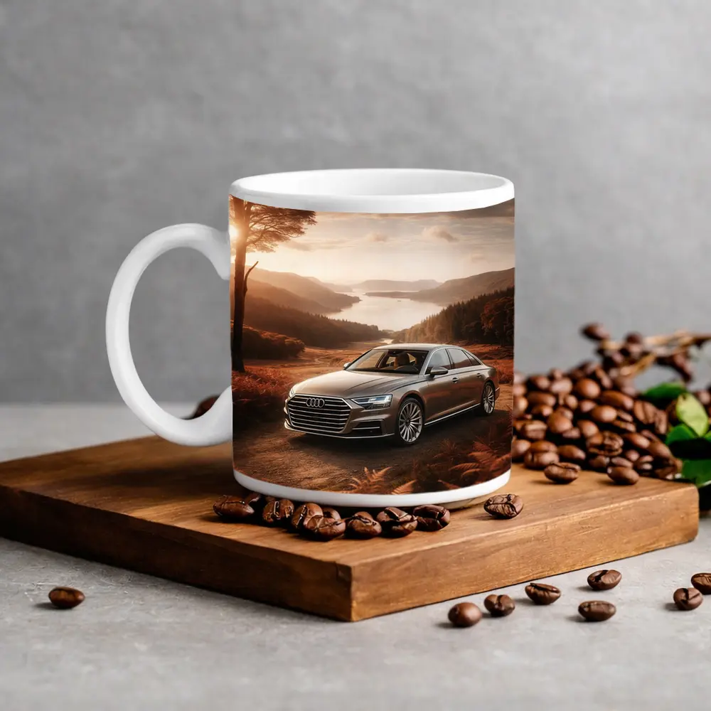 Audi A8 Parked Beside Autumn Forest Lake – Mugs