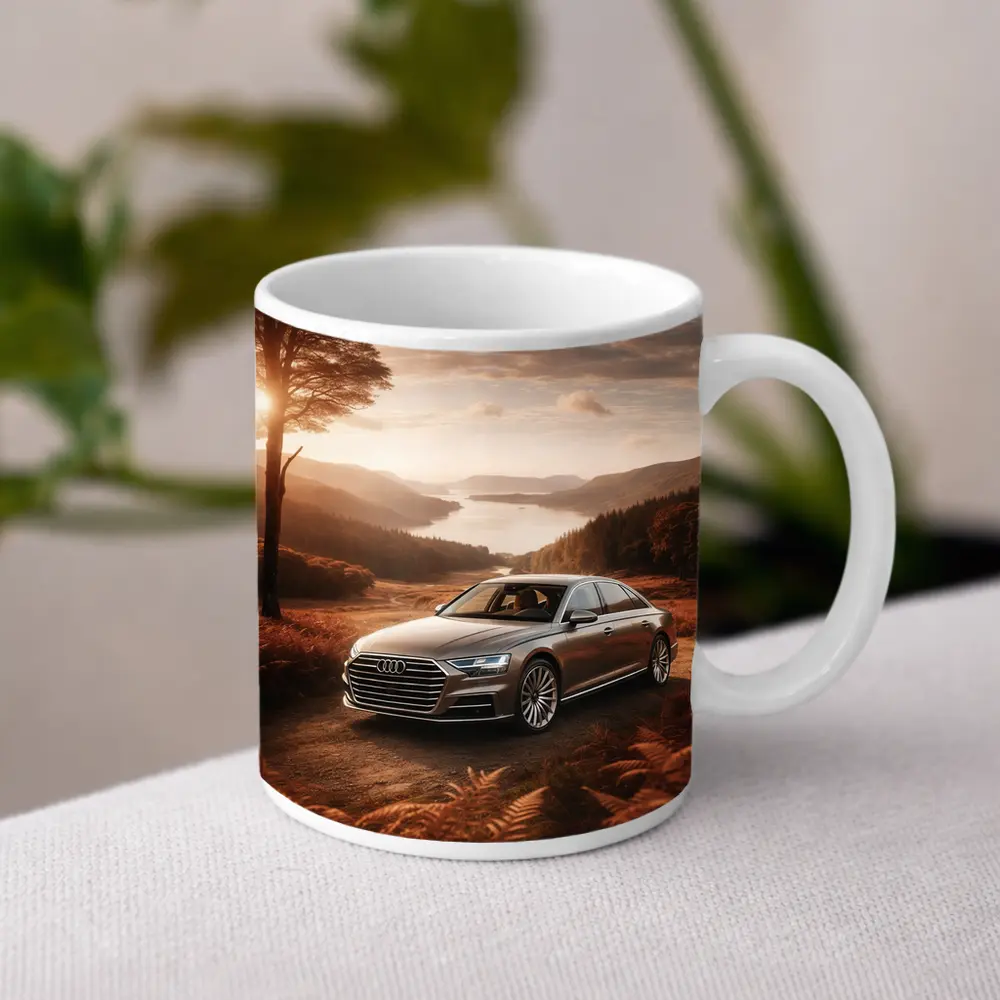 Audi A8 Parked Beside Autumn Forest Lake – Mugs