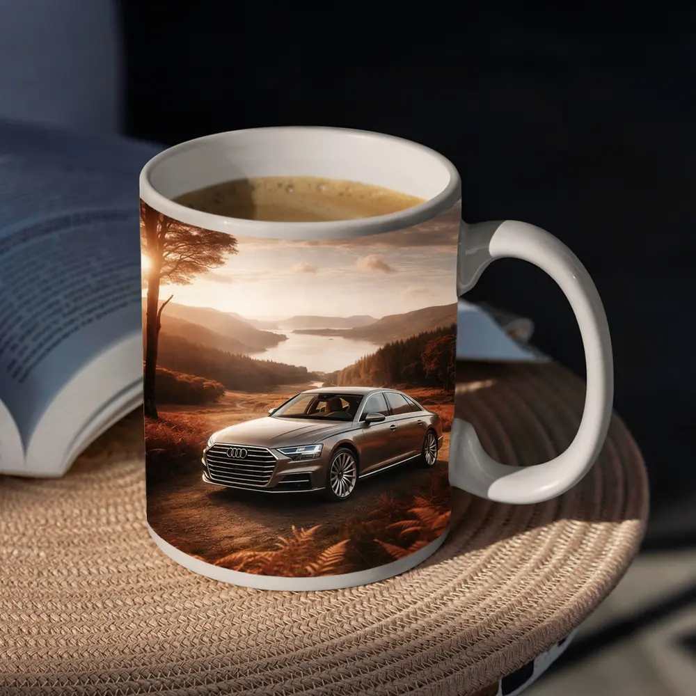 Audi A8 Parked Beside Autumn Forest Lake – Mugs