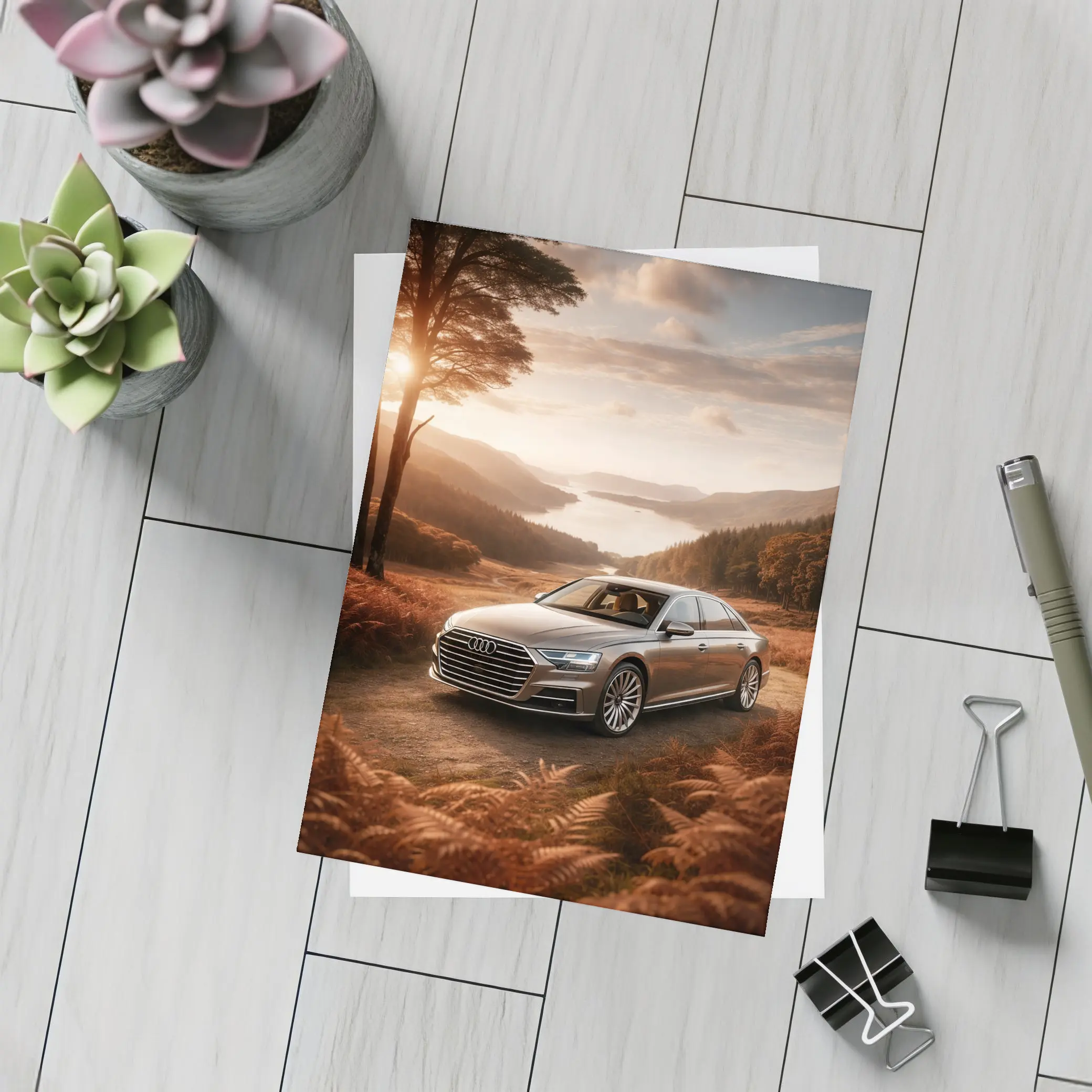 Audi A8 Parked Beside Autumn Forest Lake – Postcards