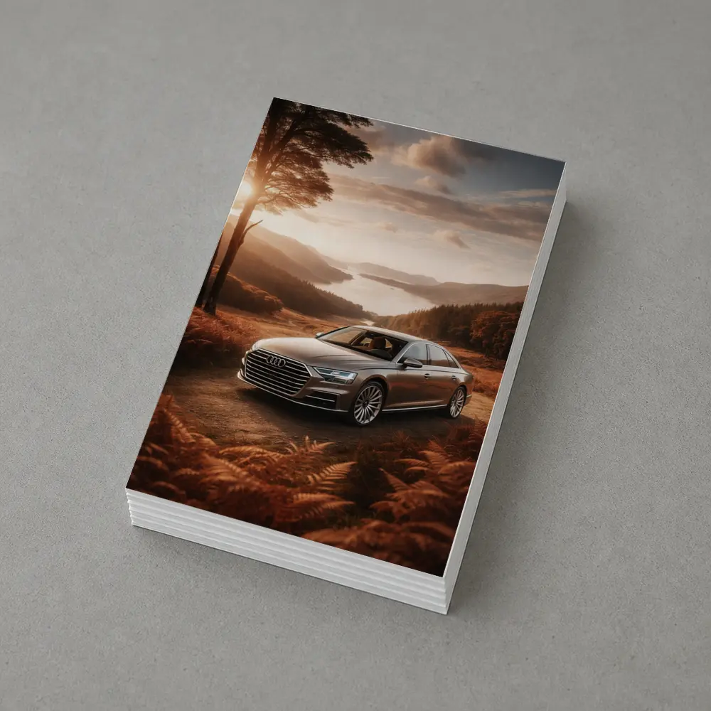 Audi A8 Parked Beside Autumn Forest Lake – Postcards
